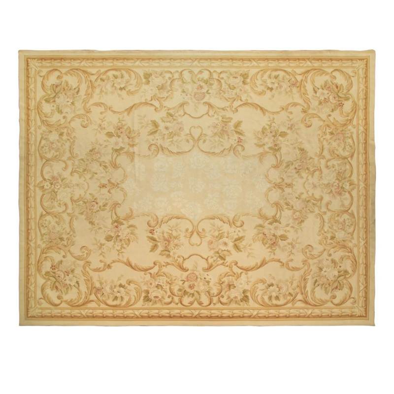 Golden Yellow Floral Aubusson Style Wool Rug