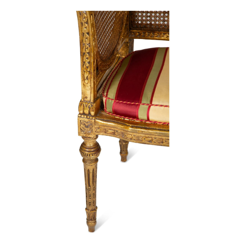 Pair of French Louis XVI Style Giltwood Cane-Back Benches with Red Silk Striped Cushions