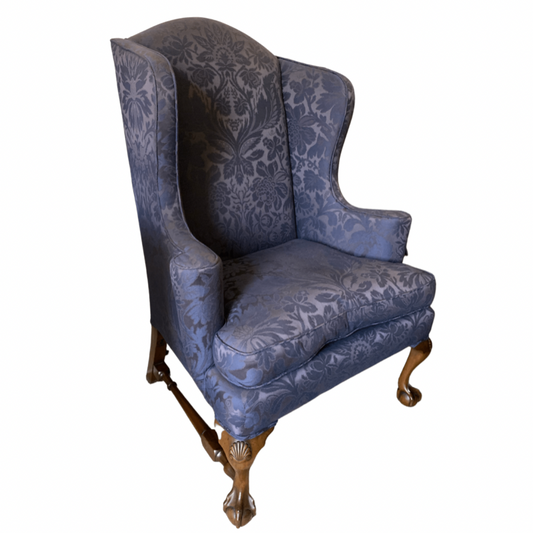 Kittinger Colonial Williamsburg Mahogany Blue Damask Wing Chair with Ball and Claw Feet