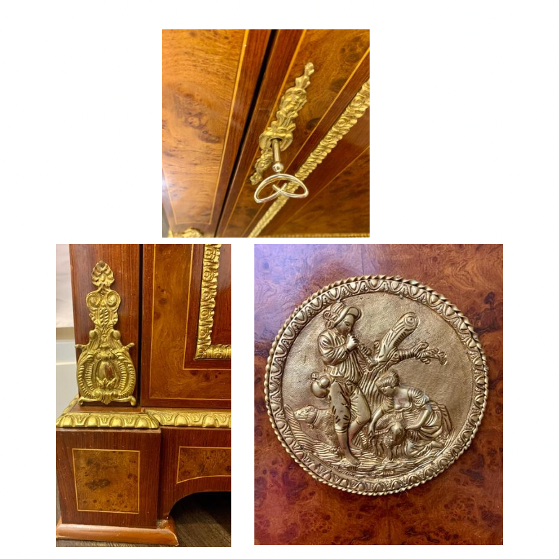 French Burl and Mahogany Inlaid Marble Top Cabinet with Ormalu