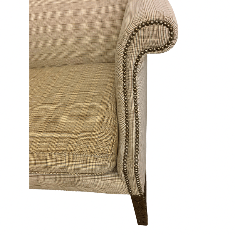 Kittinger Colonial Williamsburg Glen Plaid Camel Back Carved Mahogany Sofa