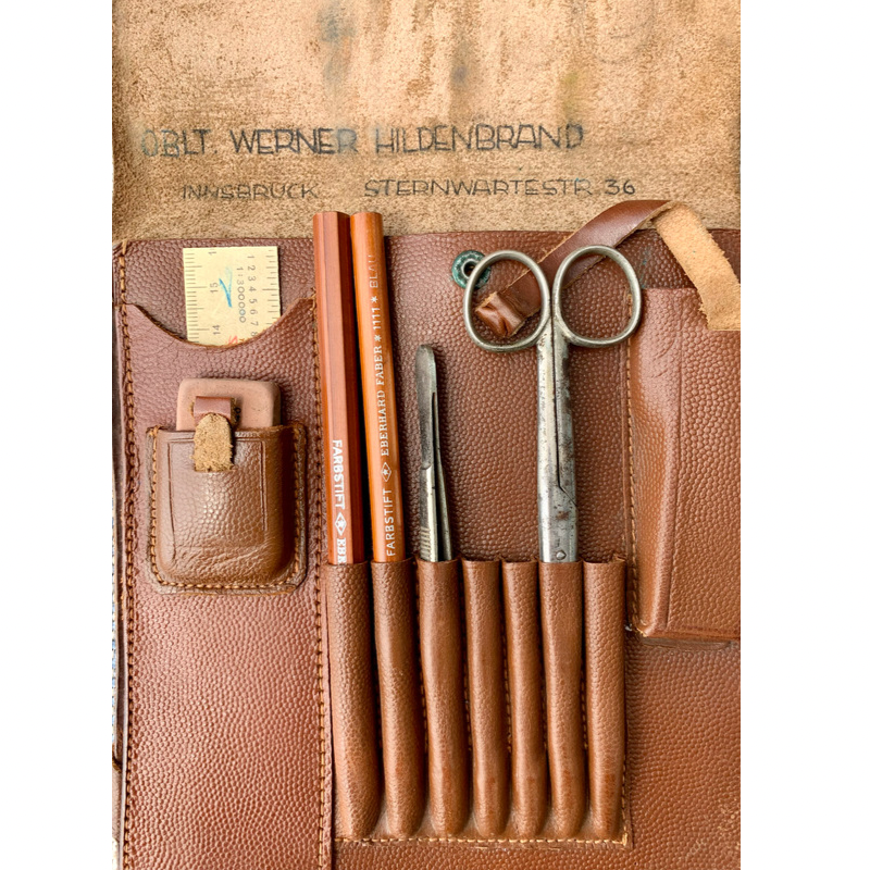 WWII German Named Officer Leather Map Case with Intact Drafting Supplies