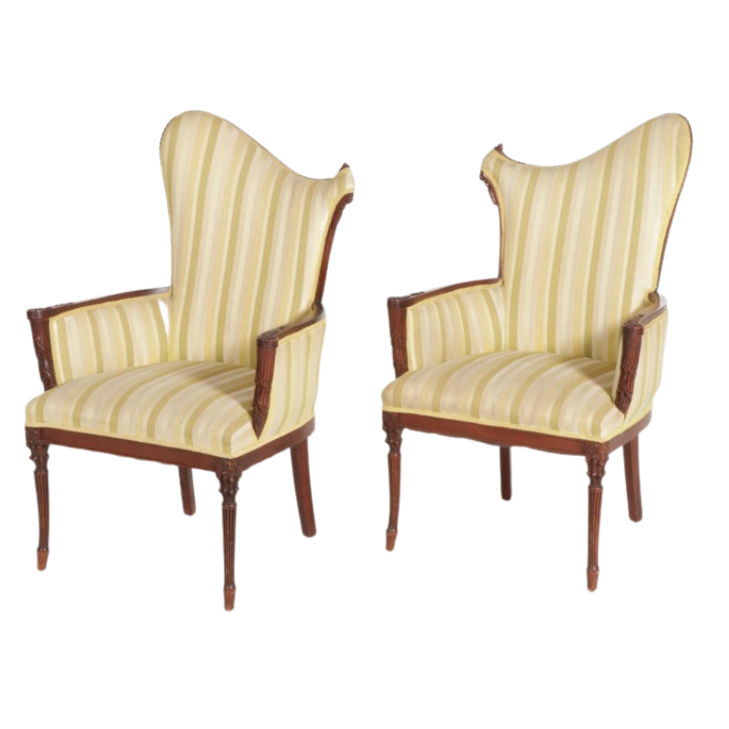 Hollywood Regency Asymmetric Mahogany Yellow Stripe Armchairs, Mid-20th Century