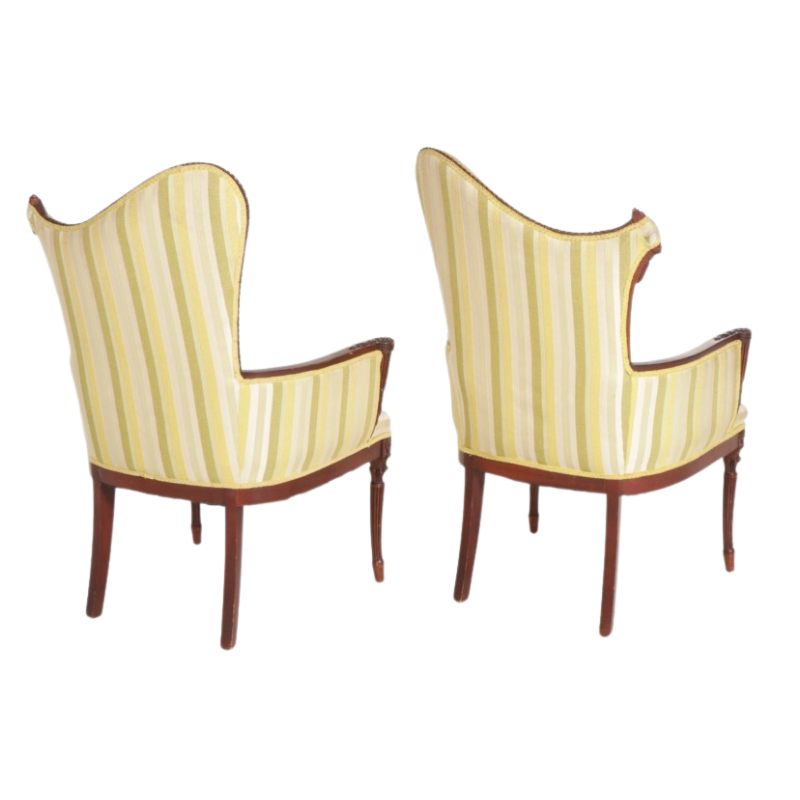 Hollywood Regency Asymmetric Mahogany Yellow Stripe Armchairs, Mid-20th Century