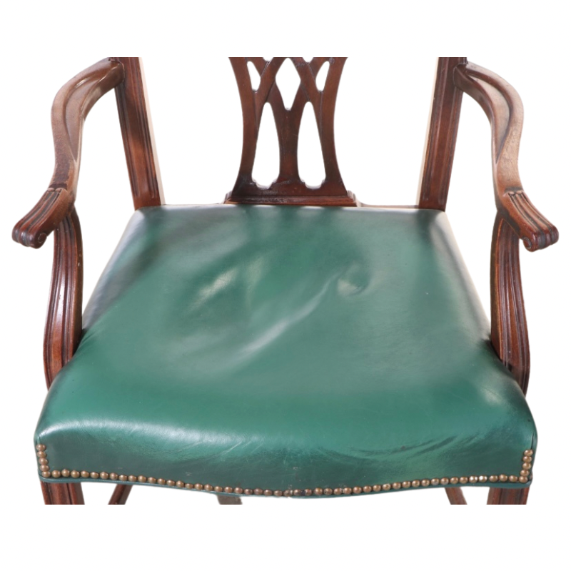 Kindel Chippendale Style Mahogany Pair of Green Leather Chairs 76-071