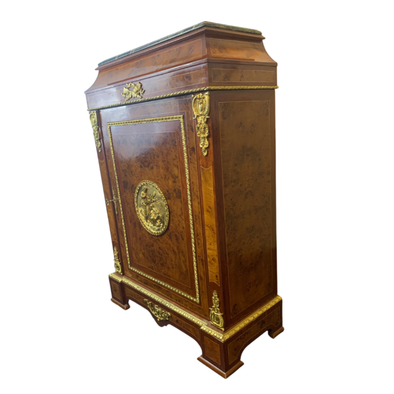 French Burl and Mahogany Inlaid Marble Top Cabinet with Ormalu
