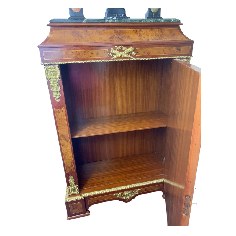 French Burl and Mahogany Inlaid Marble Top Cabinet with Ormalu