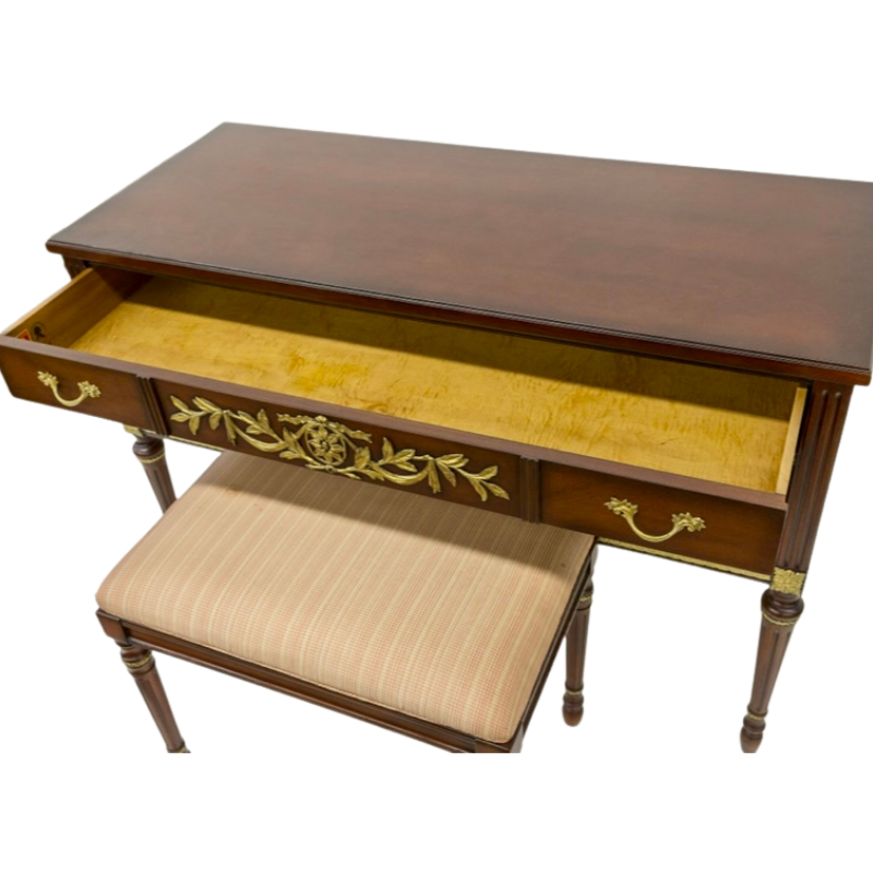 Kindel Mahogany Vanity Desk, Bench, and Mirror