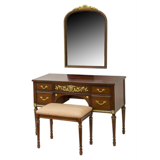 Kindel Mahogany Vanity Desk, Bench, and Mirror