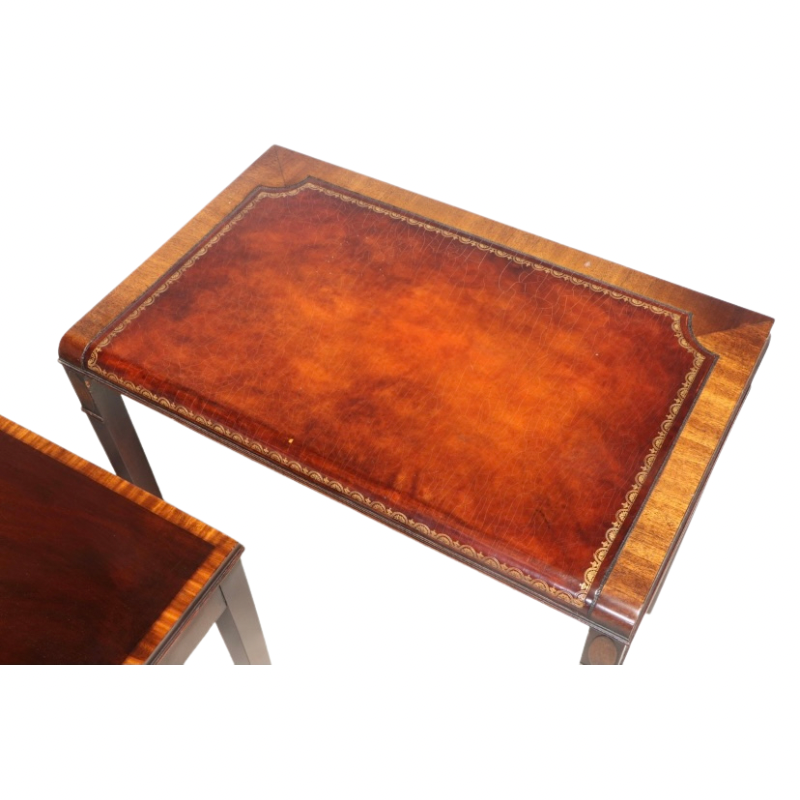 Weiman Federal Style Mahogany and Marquetry Set of 3 Leather Top Nesting Accent Tables