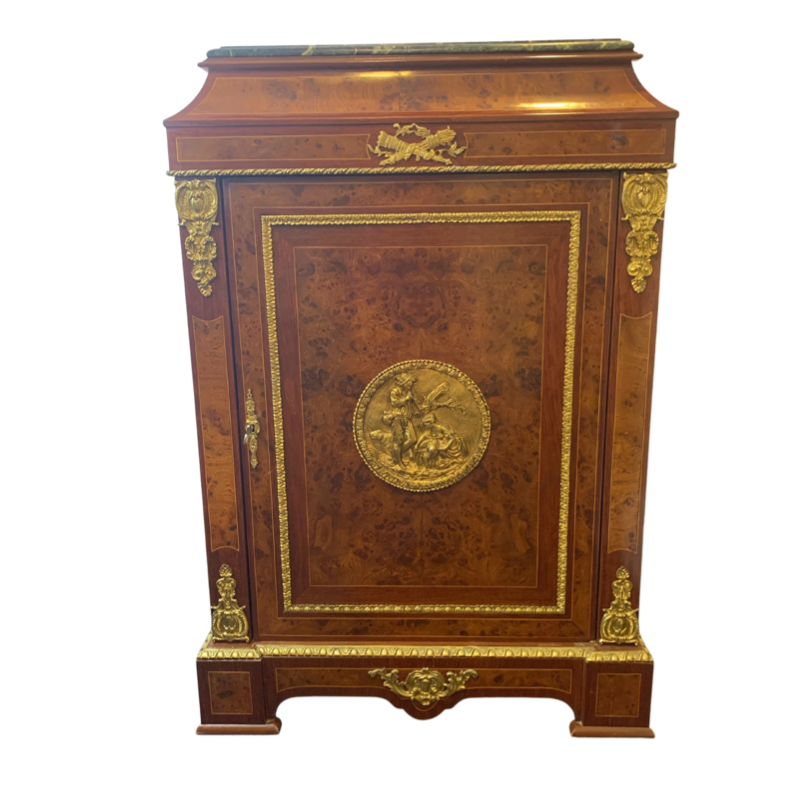 French Burl and Mahogany Inlaid Marble Top Cabinet with Ormalu