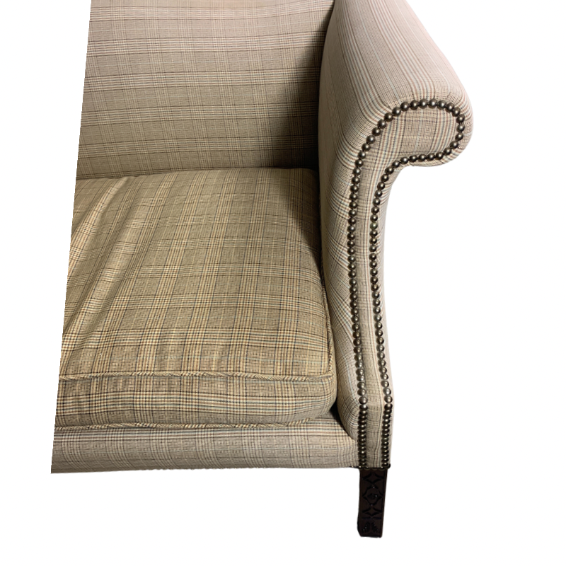 Kittinger Colonial Williamsburg Glen Plaid Camel Back Carved Mahogany Sofa