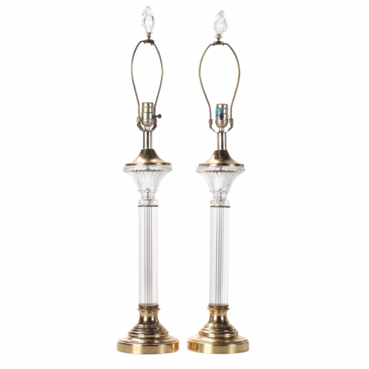Pair of Crystal Clear Industries Acrylic, Glass,  and Brass Candlestick Lamps with Brown Oval Drum Shades