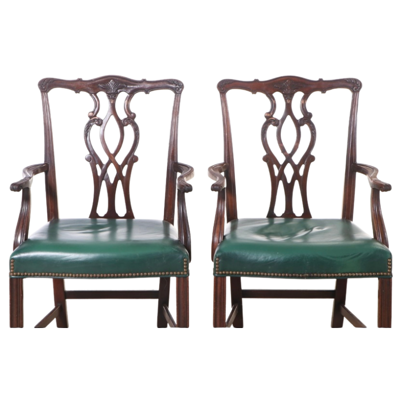 Kindel Chippendale Style Mahogany Pair of Green Leather Chairs 76-071