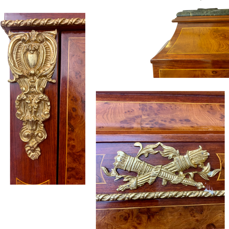 French Burl and Mahogany Inlaid Marble Top Cabinet with Ormalu
