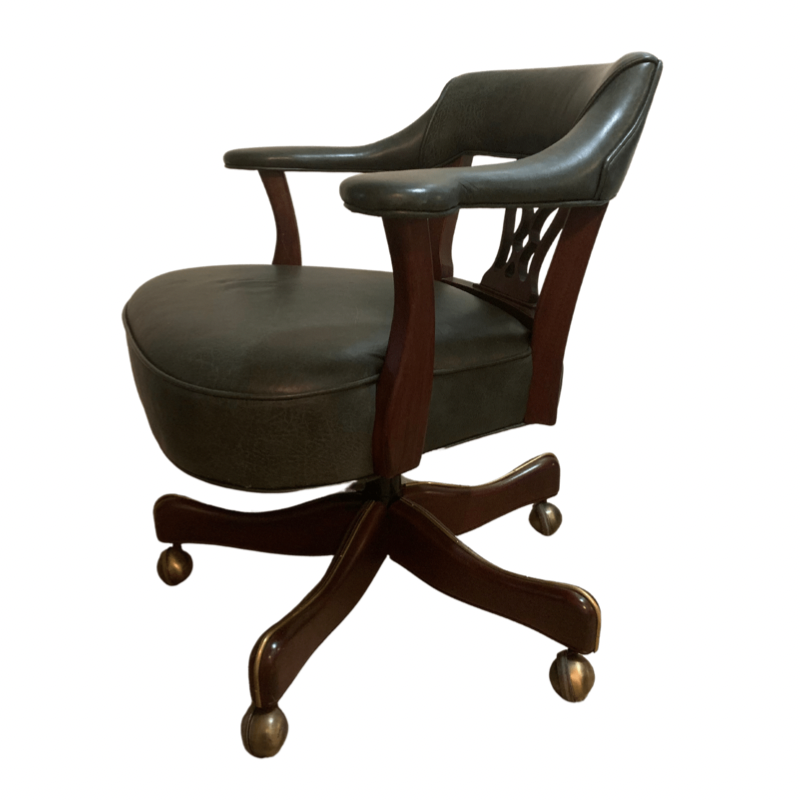 Green Leather Mahogany Swivel Desk Chair with Brass Casters