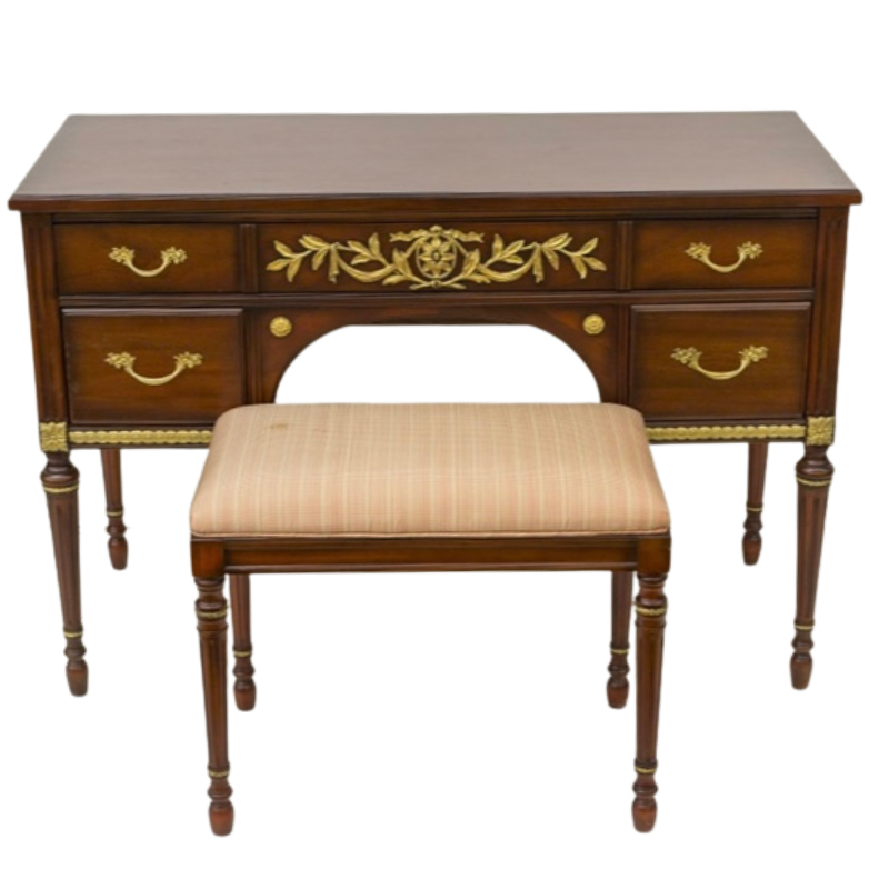 Kindel Mahogany Vanity Desk, Bench, and Mirror