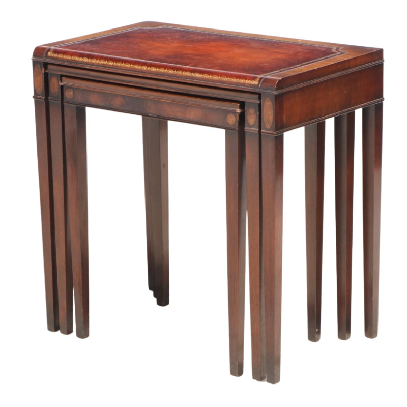 Weiman Federal Style Mahogany and Marquetry Set of 3 Leather Top Nesting Accent Tables