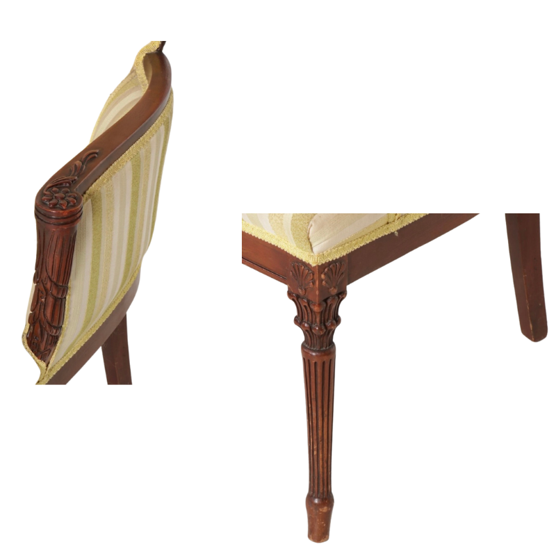 Hollywood Regency Asymmetric Mahogany Yellow Stripe Armchairs, Mid-20th Century