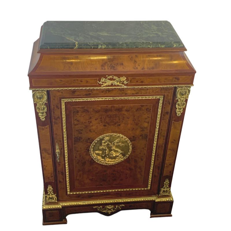 French Burl and Mahogany Inlaid Marble Top Cabinet with Ormalu