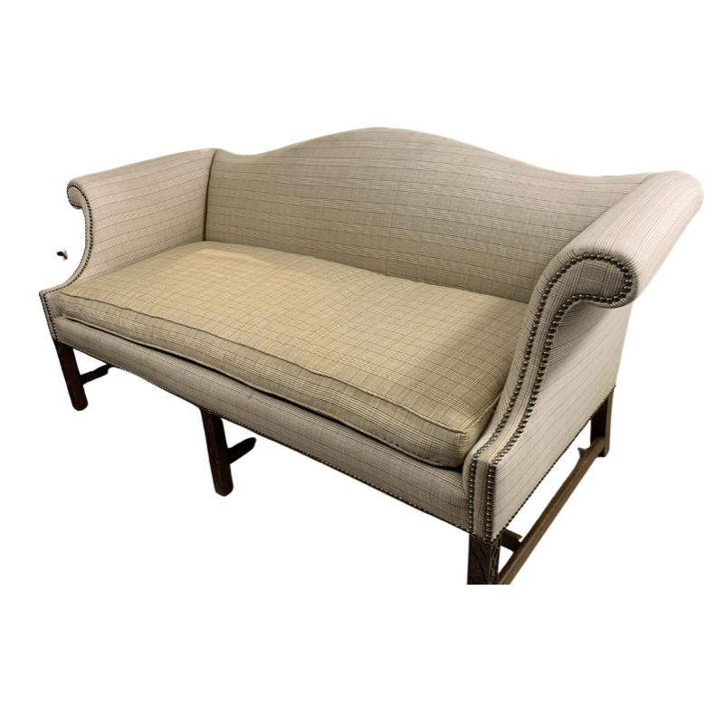 Kittinger Colonial Williamsburg Glen Plaid Camel Back Carved Mahogany Sofa