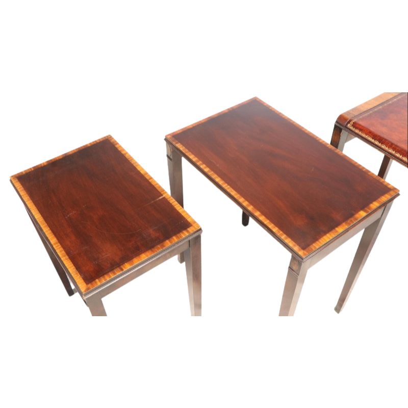 Weiman Federal Style Mahogany and Marquetry Set of 3 Leather Top Nesting Accent Tables
