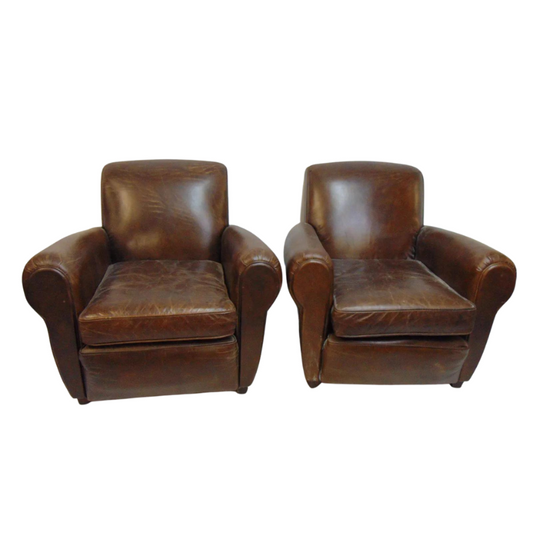 Pair of Restoration Hardware 1920S Parisian Brown Leather Club Chairs
