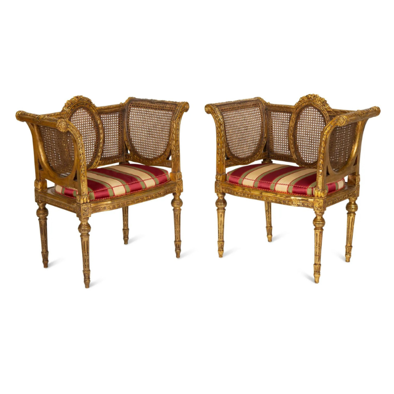 Pair of French Louis XVI Style Giltwood Cane-Back Benches with Red Silk Striped Cushions