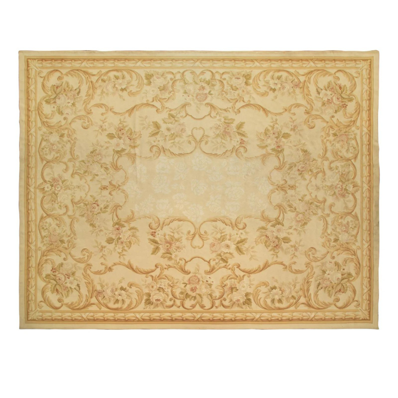 Golden Yellow Floral Aubusson Style Wool Rug 