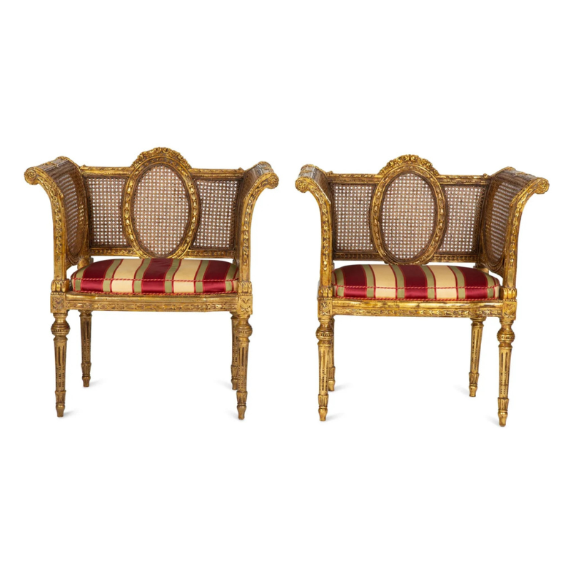 Pair of French Louis XVI Style Giltwood Cane-Back Benches with Red Silk Striped Cushions