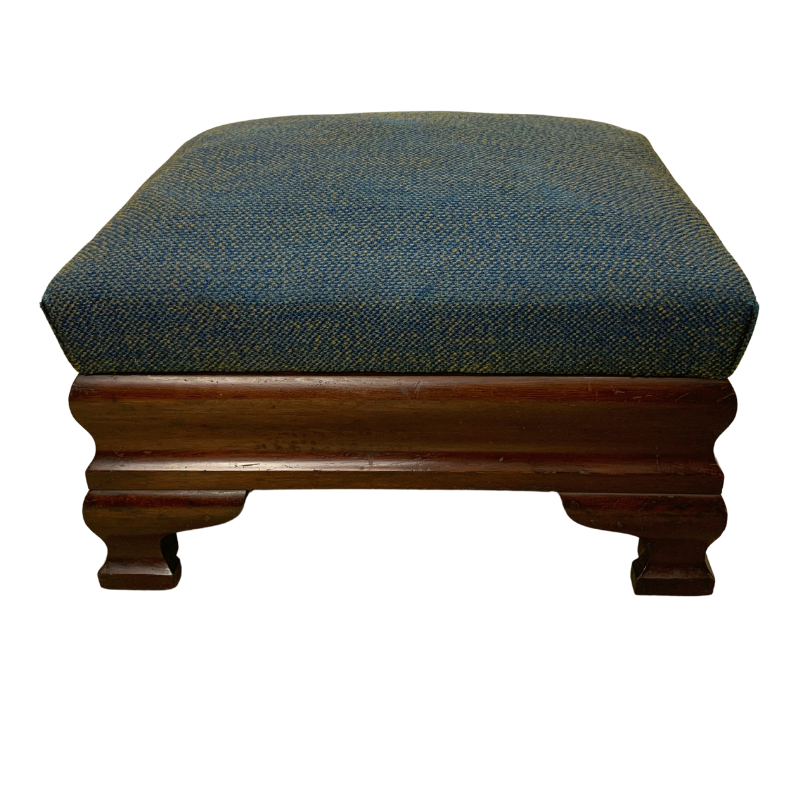 Biggs Mahogany Footstool Ottoman Blue Tweed
