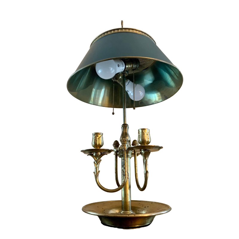 Chapman Solid Brass Bouillotte Lamp with Dark Green Brass Tole Shade