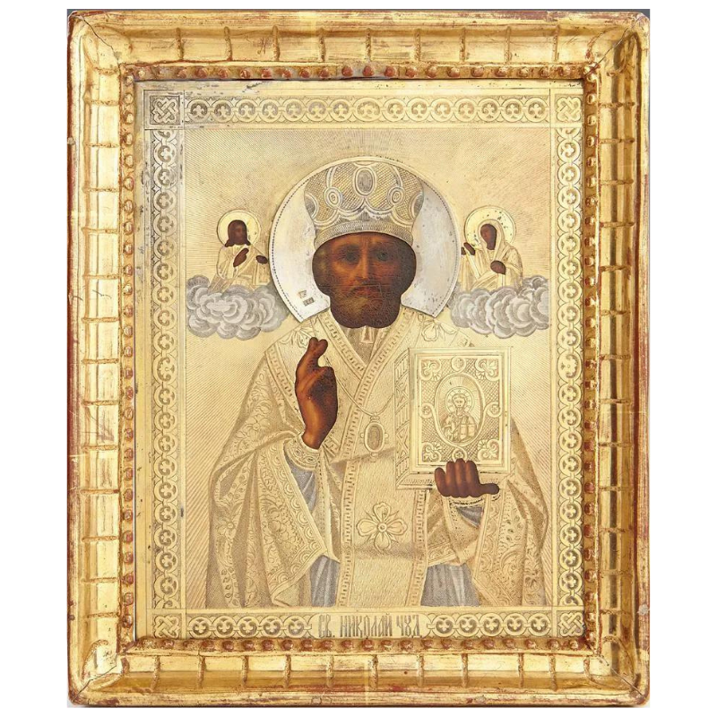 Lev Fedorovich Oleks Russian Icon of Saint Nicholas, 1894, gold and silverplated