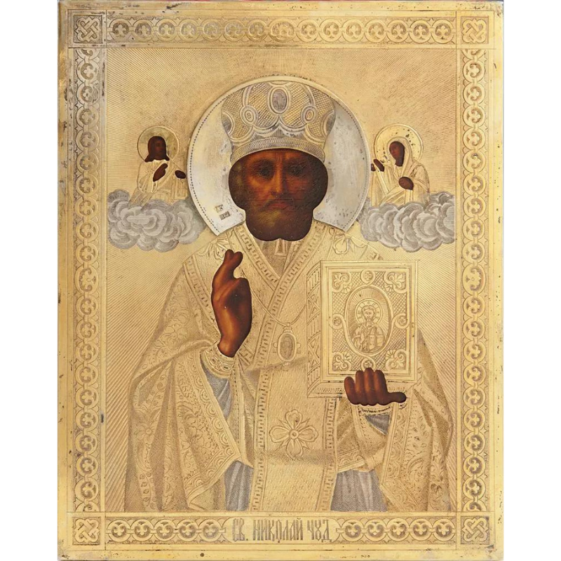 Lev Fedorovich Oleks Russian Icon of Saint Nicholas, 1894, gold and silverplated