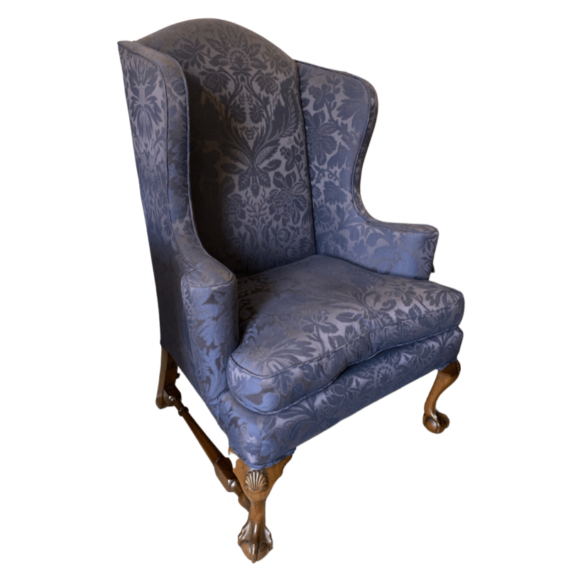 Kittinger Colonial Williamsburg Mahogany Blue Damask Wing Chair with Ball and Claw Feet