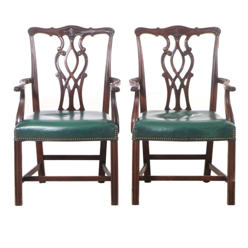 Kindel Chippendale Style Mahogany Pair of Green Leather Chairs 76-071