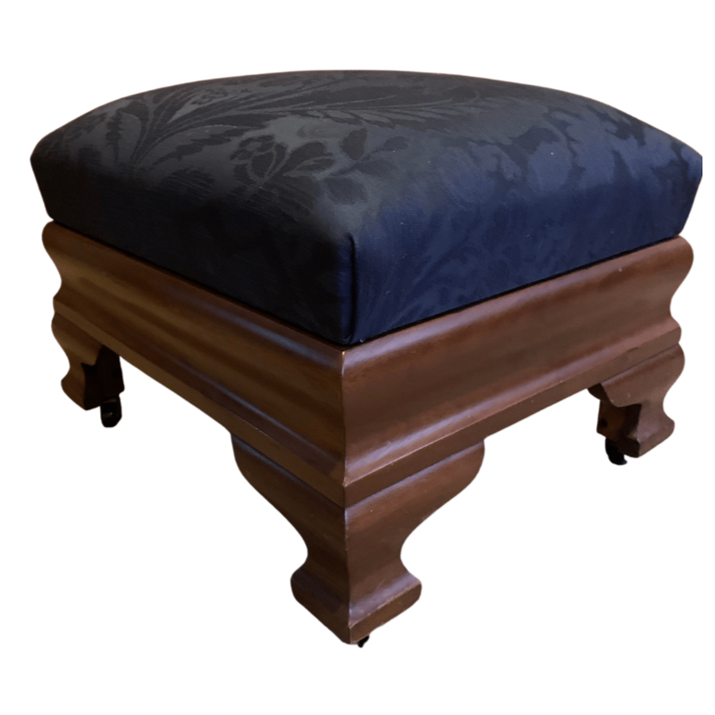 Biggs Blue Damask Mahogany Ottoman with Brass Casters