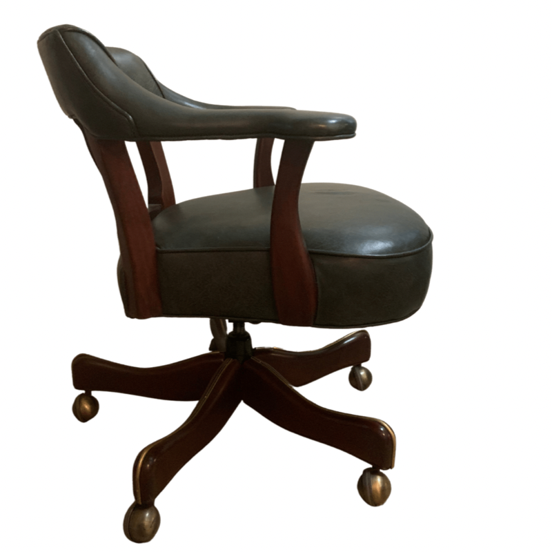 Green Leather Mahogany Swivel Desk Chair with Brass Casters