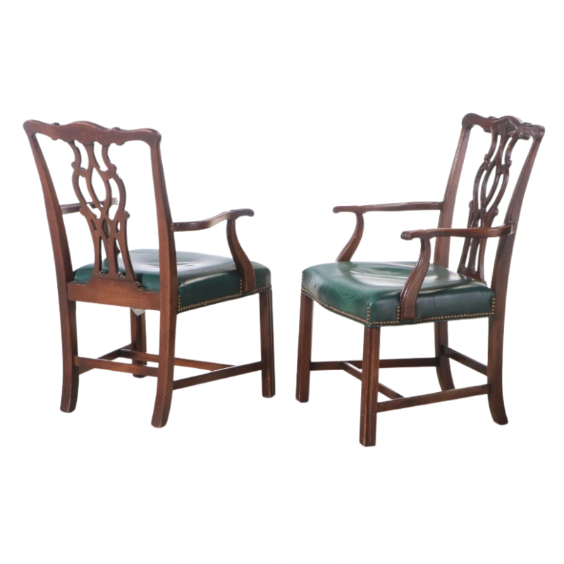 Kindel Chippendale Style Mahogany Pair of Green Leather Chairs 76-071