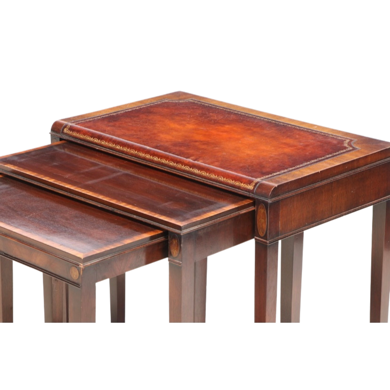 Weiman Federal Style Mahogany and Marquetry Set of 3 Leather Top Nesting Accent Tables