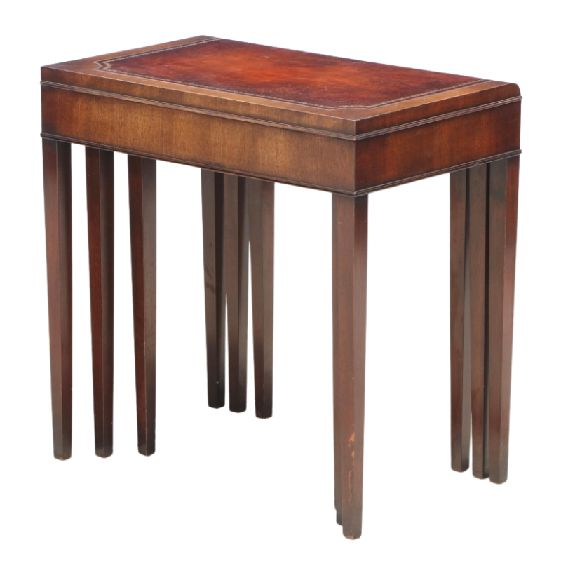 Weiman Federal Style Mahogany and Marquetry Set of 3 Leather Top Nesting Accent Tables
