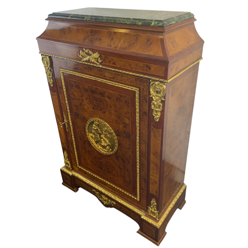 French Burl and Mahogany Inlaid Marble Top Cabinet with Ormalu